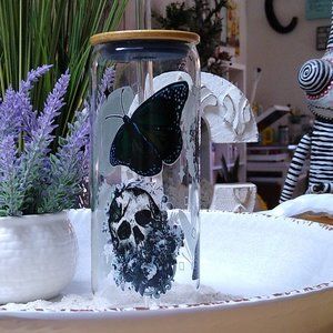 Butterfly & skull 24 oz can glass and frosted Mug set